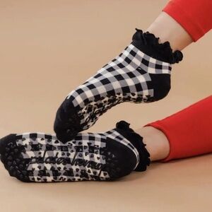 Black Gingham Ruffle Pilates Grip Socks